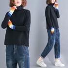 Color Panel High-neck Knit Sweater Black - F