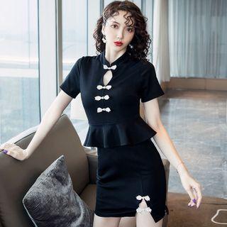 Set: Mandarin Collar Short-sleeve Ruffle Hem Top + Mini Pencil Skirt