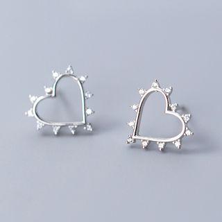 925 Sterling Silver Rhinestone Heart Earring S925 Silver Stud - 1 Pair - Silver - One Size