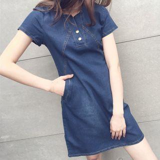 Short-sleeve Notch-neck A-line Denim Dress