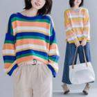 Striped Panel Round-neck Long-sleeve Sweater
