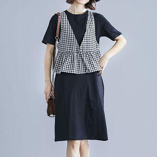 Set: Short-sleeve T-shirt Dress + Sleeveless Ruffled Gingham Top