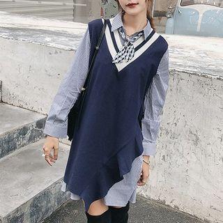Set: Striped Shirt Dress + V-neck Color Block Knit Vest