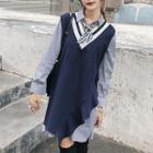 Set: Striped Shirt Dress + V-neck Color Block Knit Vest