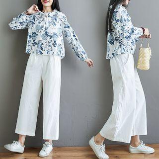 Set: Floral Ruffle Trim Blouse + Plain Wide-leg Pants