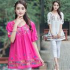 Elbow-sleeve Embroidered Floral Top