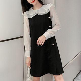 Mock Two-piece Puff-sleeve Ruffled A-line Dress