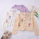 Flower-embroidered Open-knit Cardigan