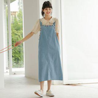 Floral Embroidered Denim Midi Overall Dress