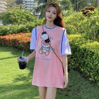 Short-sleeve Mock Two-piece Bear Print T-shirt Pink - One Size