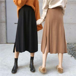 Knit Split Hem Midi A-line Skirt