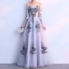 Embroidered Off-shoulder Elbow-sleeve A-line Evening Gown