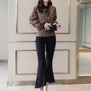 Set: Leopard Pattern Blouse + Cropped Boot-cut Pants