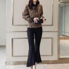 Set: Leopard Pattern Blouse + Cropped Boot-cut Pants