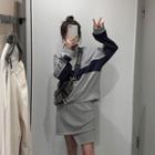 Set: Color Block Pullover + Asymmetric Hem A-line Skirt