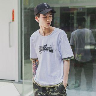 Mock Two-piece Elbow-sleeve Printed T-shirt