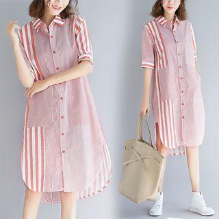Striped Panel Elbow-sleeve Midi Shirt Dress