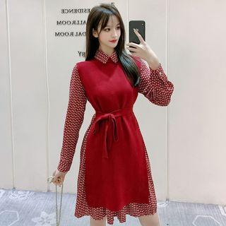Set: Long-sleeve Dotted A-line Dress + Knit Vest