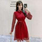 Set: Long-sleeve Dotted A-line Dress + Knit Vest