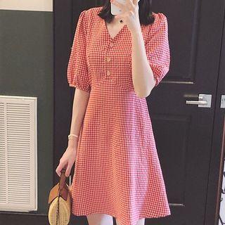 Short-sleeve V-neck Gingham Mini A-line Dress