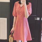 Short-sleeve V-neck Gingham Mini A-line Dress