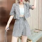 Set: Elbow-sleeve Open-front Cropped Blazer + High-waist Shorts