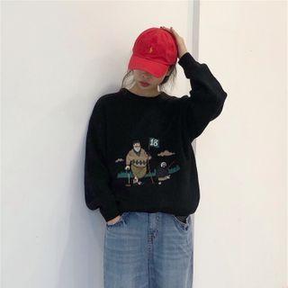 Long-sleeve Embroidered Knit Sweater Black - One Size