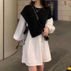 Long-sleeve Mock Two-piece Mini Dress Black & White - One Size