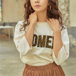 Women Leopard Applique 3/4-sleeve T-shirt
