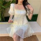 Short-sleeve Sheer Panel A-line Dress White - One Size