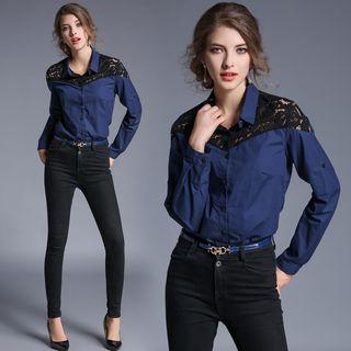 Stand-collar Long-sleeved Panel Lace Blouse