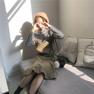 Striped Long Sleeve T-shirt / Plain Spaghetti Strap Dress