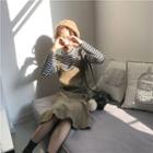 Striped Long Sleeve T-shirt / Plain Spaghetti Strap Dress