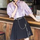 Puff-sleeve Floral Print Blouse / Printed A-line Skirt / Faux Leather Belt