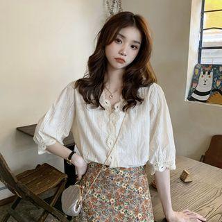 Elbow-sleeve V-neck Lace Trim Blouse / Floral Midi A-line Skirt