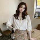 Elbow-sleeve V-neck Lace Trim Blouse / Floral Midi A-line Skirt