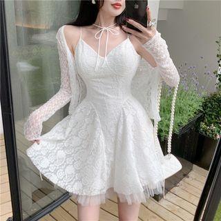 Spaghetti-strap Lace Mini A-line Dress / Light Jacket