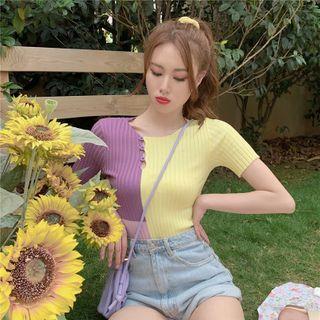 Color Panel Short-sleeve Ribbed Knit Top