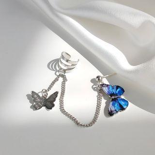 Alloy Butterfly Chained Cuff Earring 1 Pc - Ear Stud - Blue & Silver - One Size
