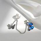 Alloy Butterfly Chained Cuff Earring 1 Pc - Ear Stud - Blue & Silver - One Size