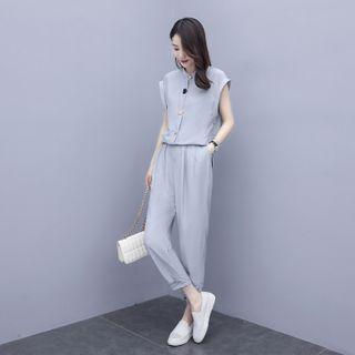 Set: Cap-sleeve Stand Collar Shirt + Cropped Straight-fit Pants