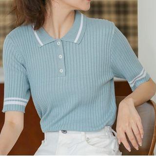 Short-sleeve Polo Neck Ribbed Knit Top