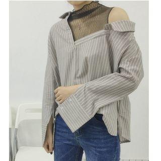 Mock Two Piece Mesh Panel Striped Shirt