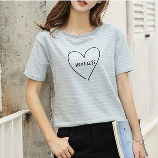 Heart Print Striped Short-sleeve T-shirt