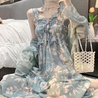 Wide Strap Floral Print Midi A-line Dress / Jacket