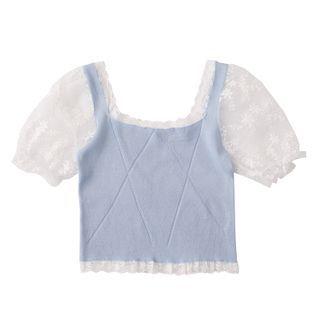Short-sleeve Lace Panel Knit Blouse