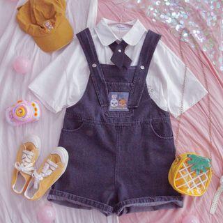 Cartoon Embroidered Denim Jumper Shorts Denim Blue - One Size