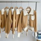 Collared Two-tone Cardigan Khaki & Off-white - One Size