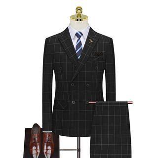 Set: Plaid Double-breasted Blazer + Vest + Straight Leg Dress Pants