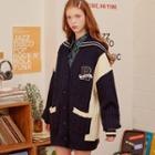 Sailor-collar Two-tone Cable-knit Cardigan Navy Blue - One Size